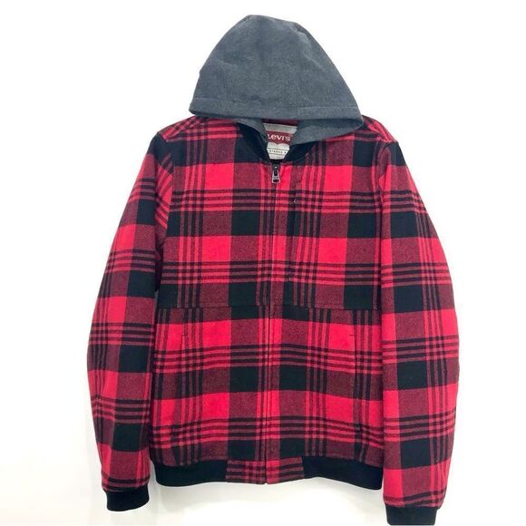 Levi’s Red Black Buffalo Plaid Wool Blend Zip Up Hooded Quilt Lined Jacket - Picture 1 of 16
